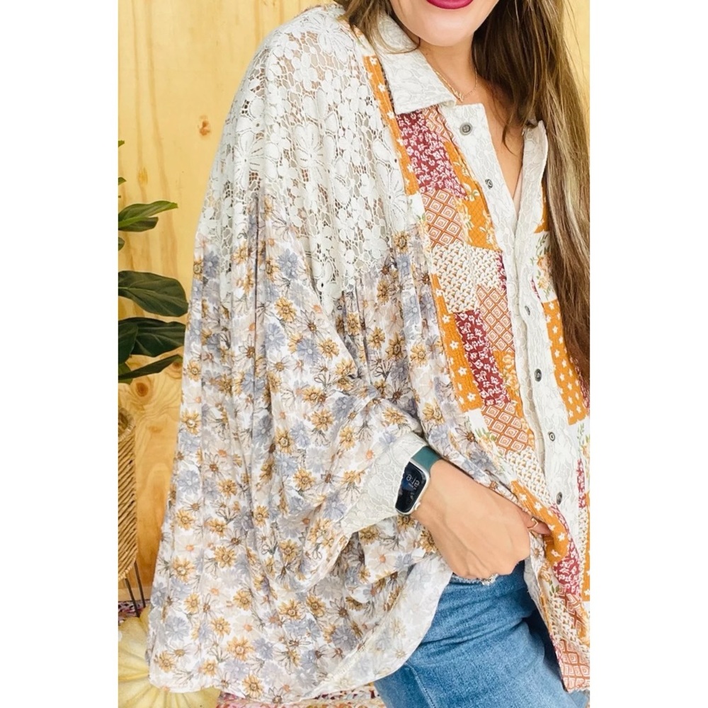 POL Floral + Lace Patchwork Button Down Shirt in Caramel Cream - Picture 13 of 15